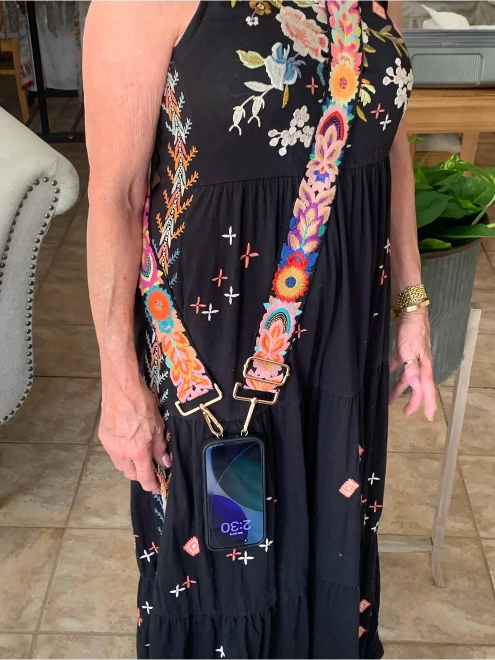 Embroidered Floral Strap - Black with Multicolor Embroidery for phone or bag